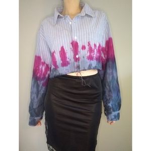 Vintage Tie Dye Chambray Cropped Oversized Button Up Large XL